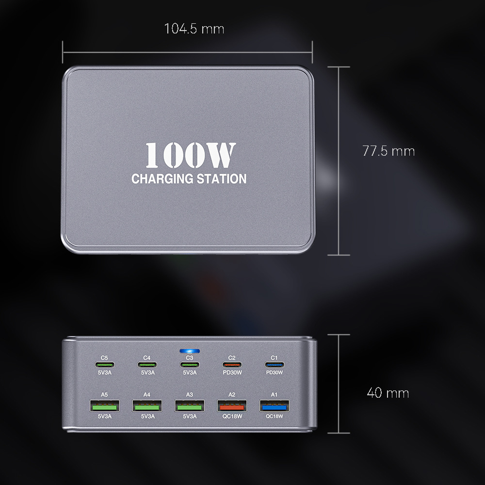 Ładowarka Stacja OEM HW33, 100W, 3A, 5 x USB-A - 5 x USB-C, Szara