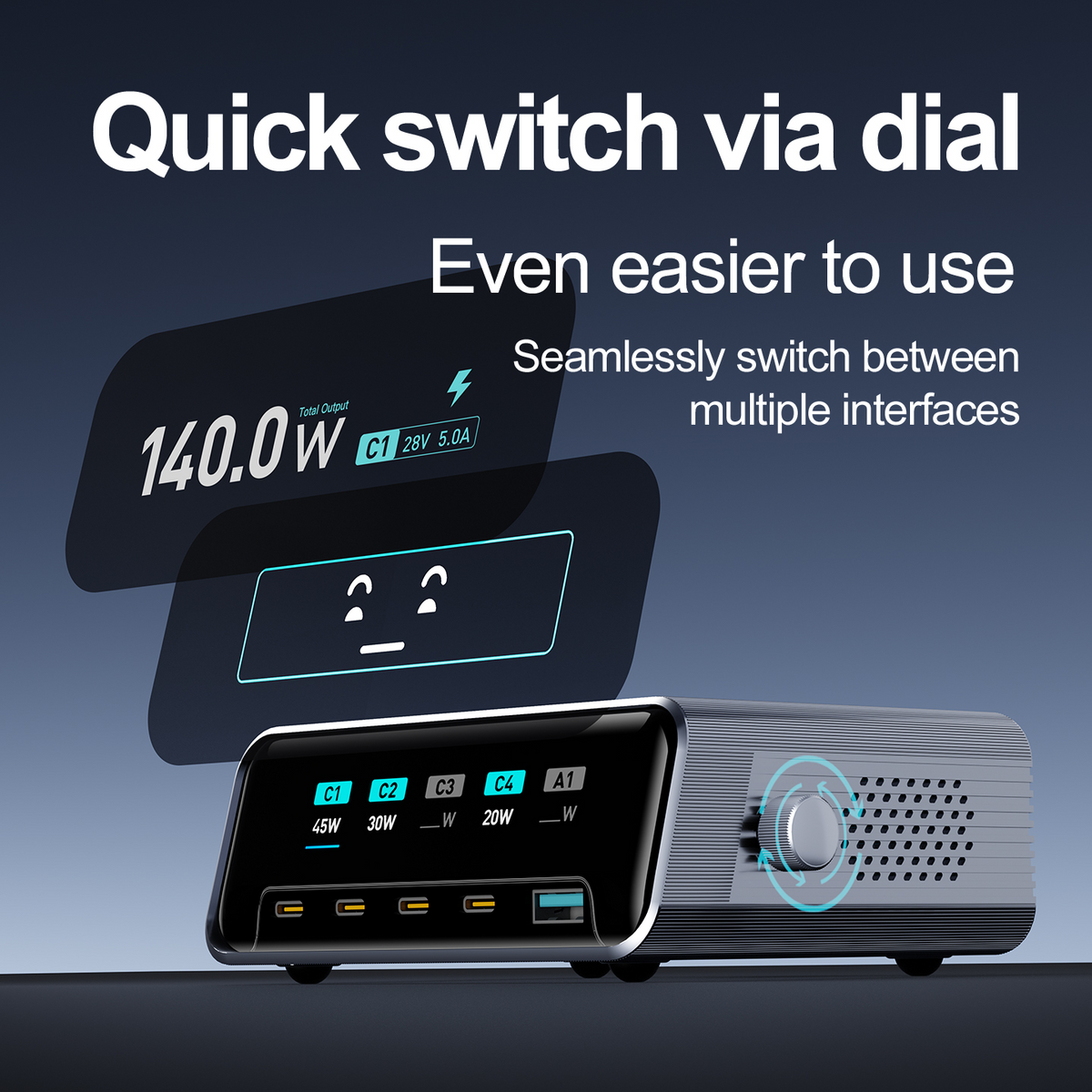 Ładowarka Stacja OEM WLX-60G, 140W, 5A, 1 x USB-A - 4 x USB-C, Szary