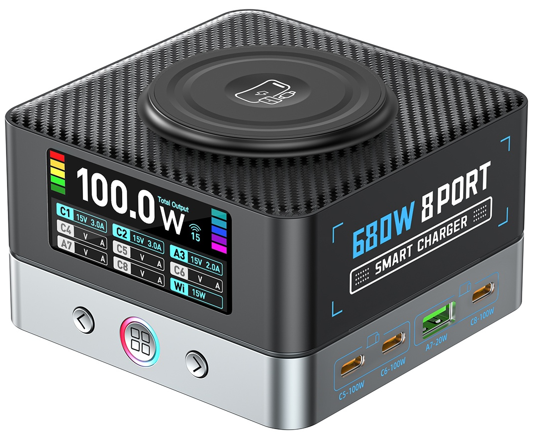 OEM WLX-R8A QI Station Charger, 140W, 5A, 2 x USB-A - 6 x USB-C, Gray