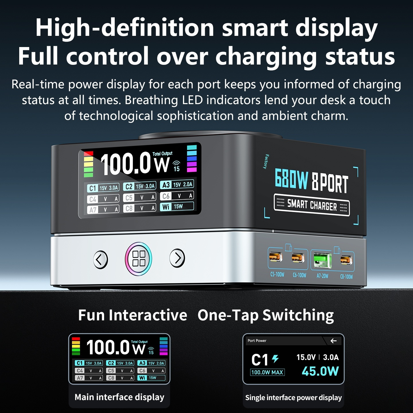 OEM WLX-R8A QI Station Charger, 140W, 5A, 2 x USB-A - 6 x USB-C, Gray