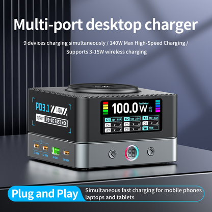 OEM WLX-R8A QI Station Charger, 140W, 5A, 2 x USB-A - 6 x USB-C, Gray