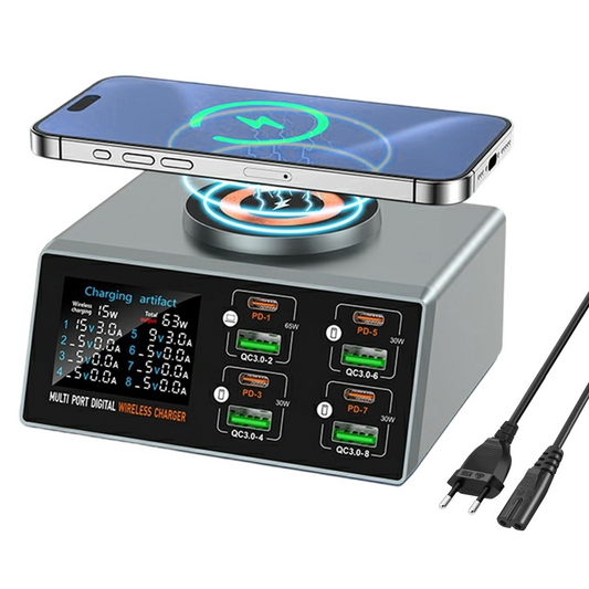 Stacja ładowania OEM WLX-X9S QI, 140W, 3A, 4 x USB-A - 4 x USB-C, Srebrny