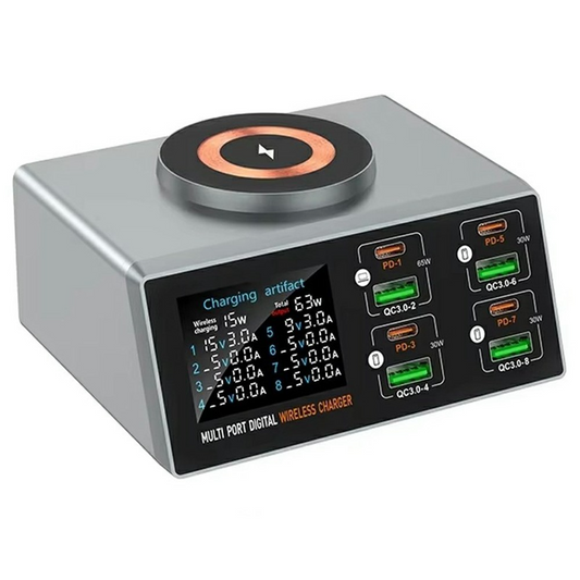Stacja ładowania OEM WLX-X9S QI, 140W, 3A, 4 x USB-A - 4 x USB-C, Srebrny