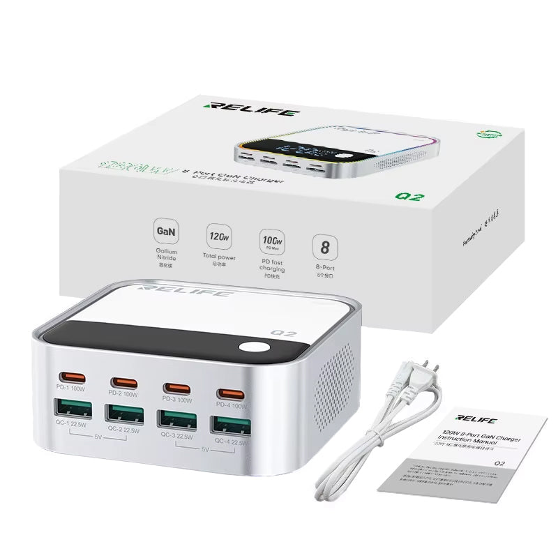 Ładowarka Stacja Relife Q2, 120W, 5A, 4 x USB-A - 4 x USB-C, Srebrna