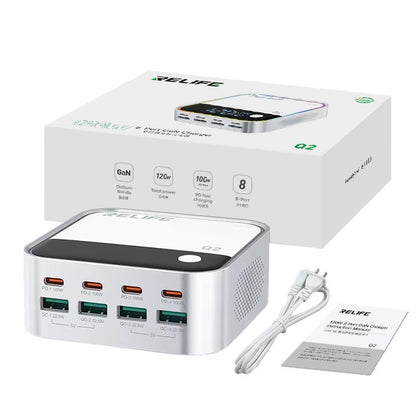 Ładowarka Stacja Relife Q2, 120W, 5A, 4 x USB-A - 4 x USB-C, Srebrna