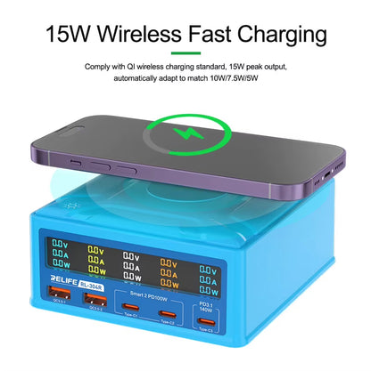 Ładowarka Stacja Relife RL-304R QI, 260W, 3A, 2 x USB-A - 3 x USB-C, Niebieska