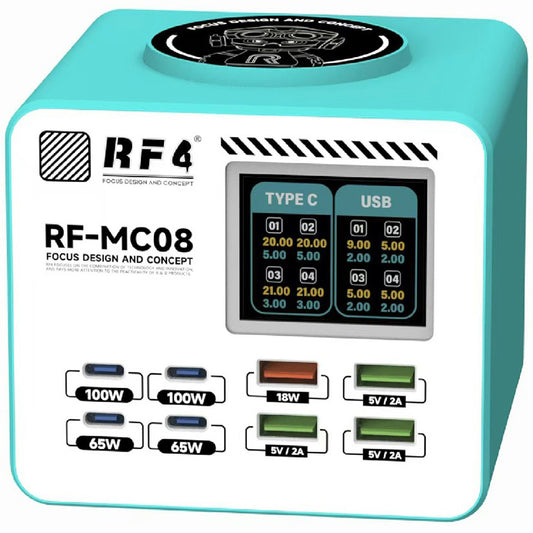 Ładowarka Stacja RF4 RF-MC08, 150W, 5A, 4 x USB-A - 4 x USB-C, Turkusowa