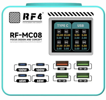 Ładowarka Stacja RF4 RF-MC08, 150W, 5A, 4 x USB-A - 4 x USB-C, Turkusowa