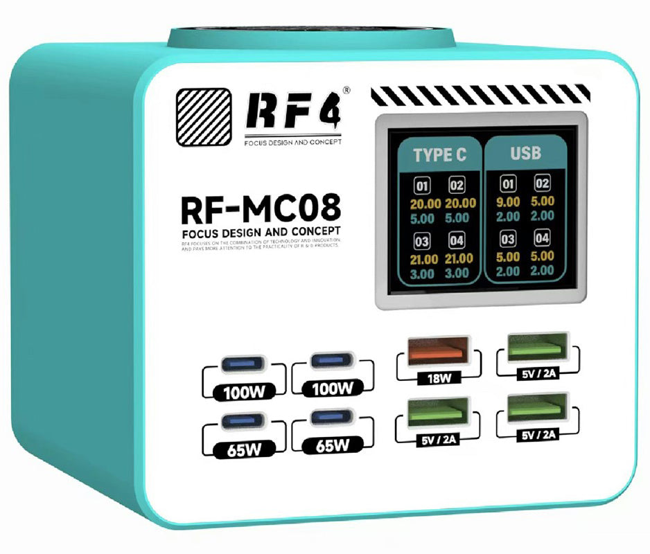Ładowarka Stacja RF4 RF-MC08, 150W, 5A, 4 x USB-A - 4 x USB-C, Turkusowa