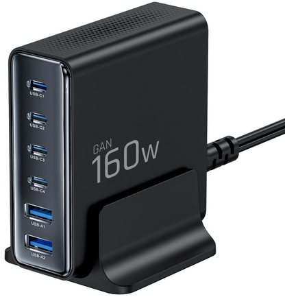 Ładowarka stacja Tech-Protect DC160W-GAN, 160W, 5A, 2 x USB-A - 4 x USB-C, Czarny