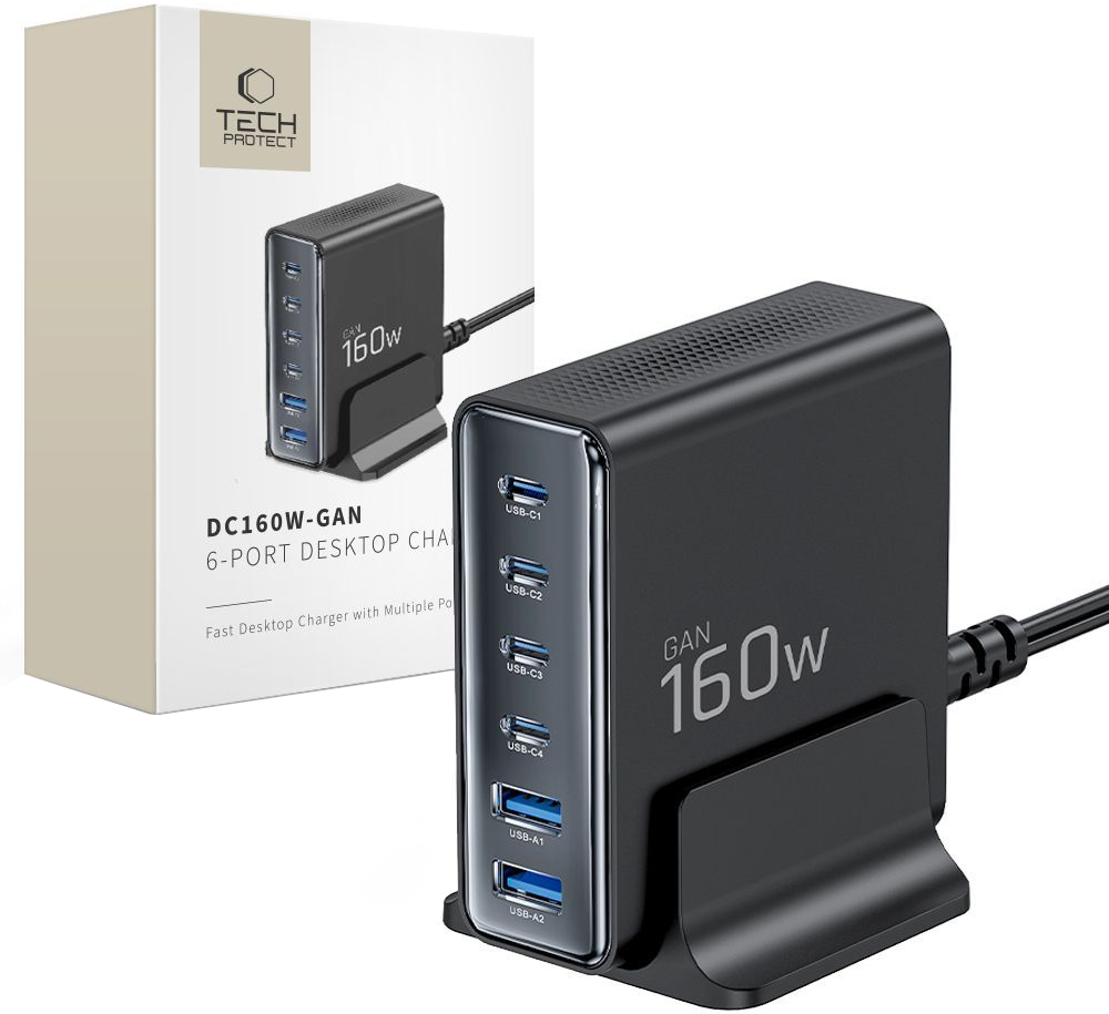 Ładowarka stacja Tech-Protect DC160W-GAN, 160W, 5A, 2 x USB-A - 4 x USB-C, Czarny