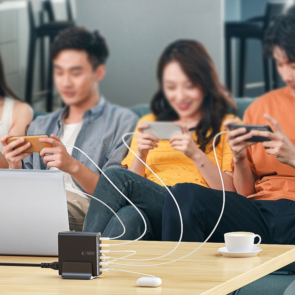 Ładowarka stacja Tech-Protect DC160W-GAN, 160W, 5A, 2 x USB-A - 4 x USB-C, Czarny