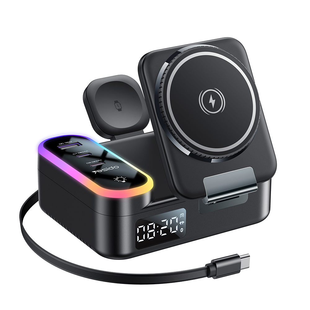 Yesido DS38 Display QI 3in1 Charging Station, 65W, 3A, 1 x USB-A - 2 x USB-C, Black