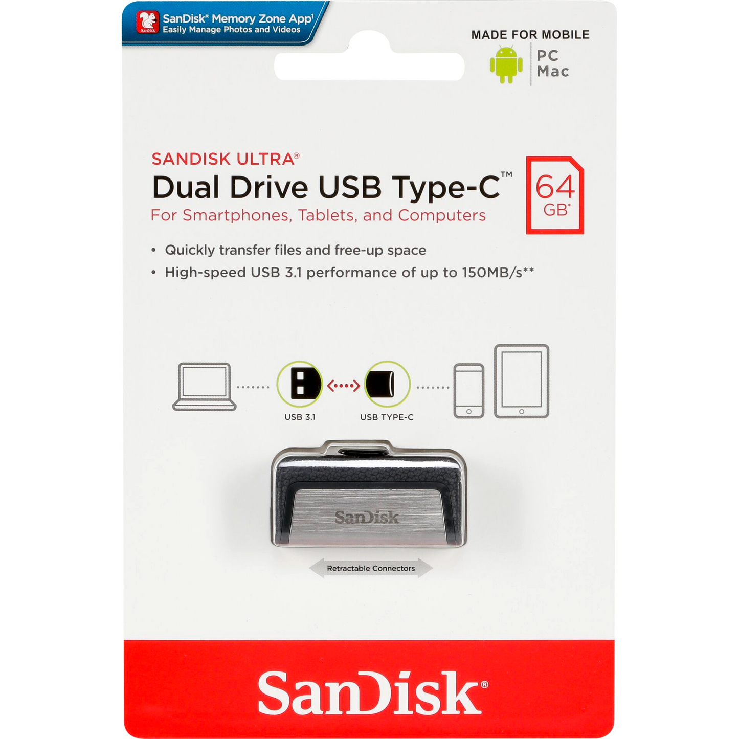 Zewnętrzna pamięć USB-A 3.1 / USB-C SanDisk Ultra Dual Drive, 64Gb SDDDC2-064G-G46
