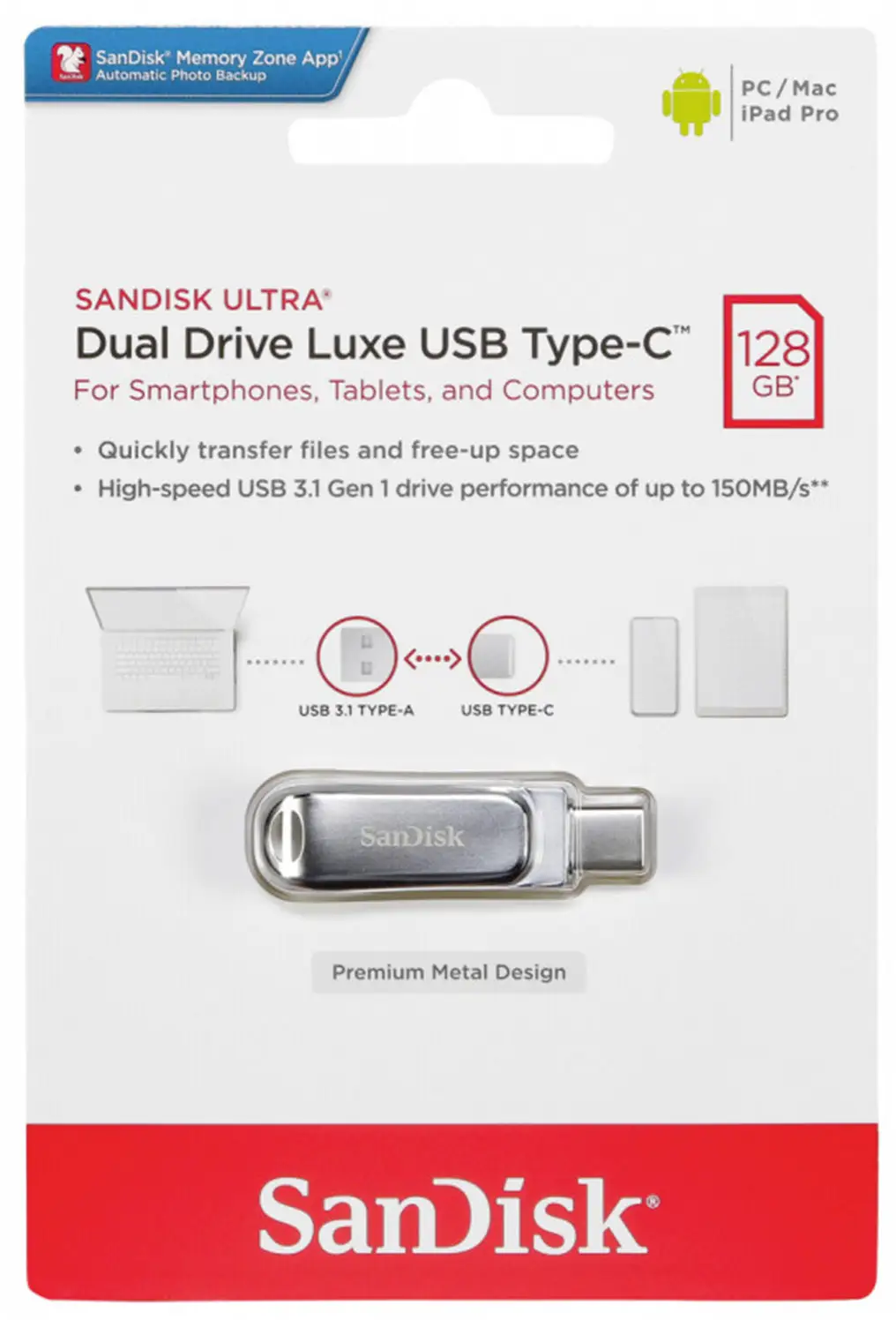 Pamięć zewnętrzna USB-A 3.2 / USB-C SanDisk Ultra Luxe Dual Drive, 128Gb SDDDC4-128G-G46