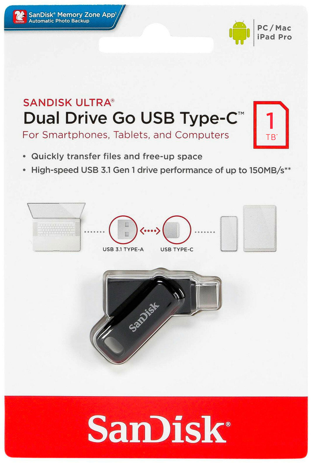 Pamięć zewnętrzna USB-A 3.2 / USB-C SanDisk Ultra Dual Go, 1TB SDDDC3-1T00-G46