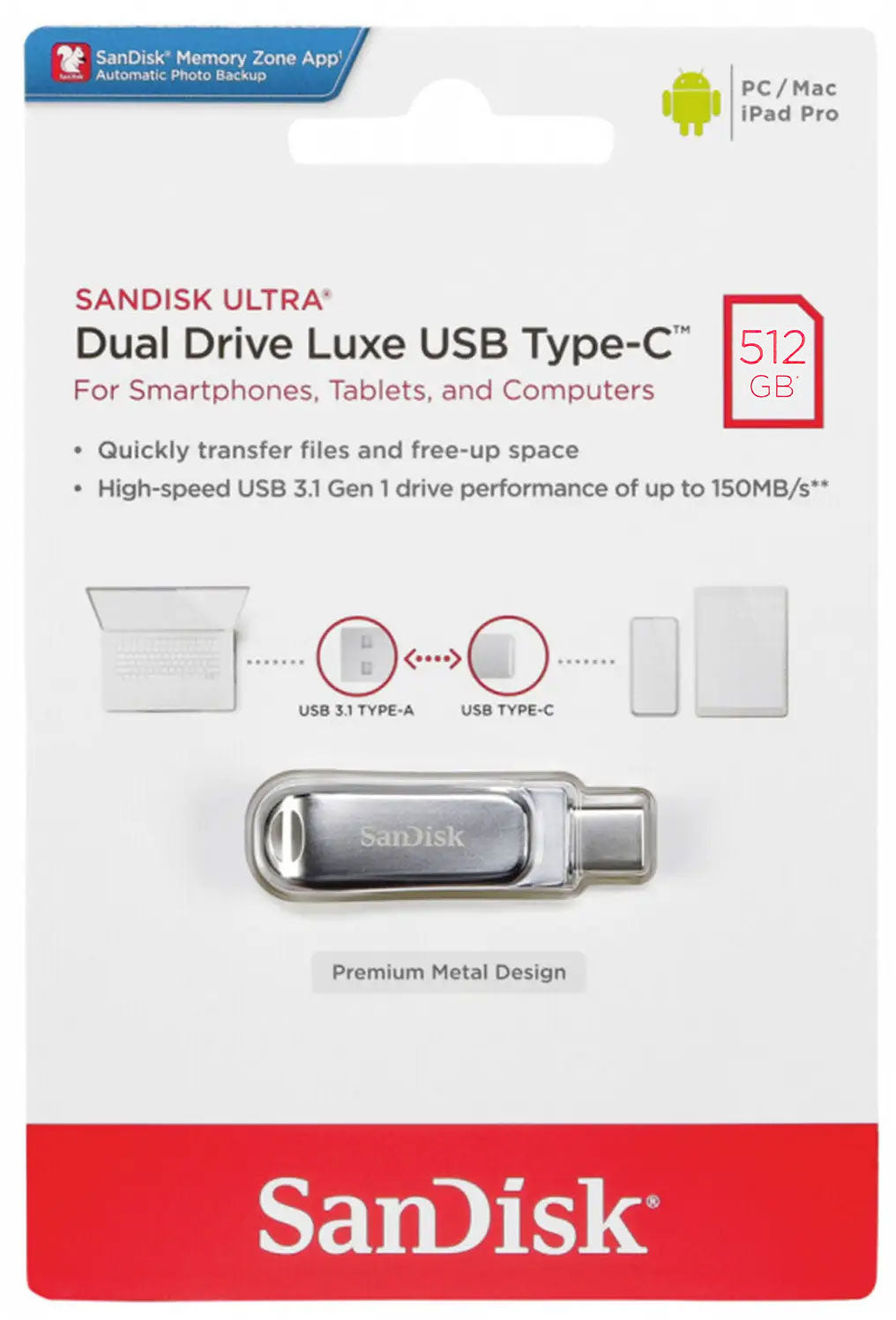 Pamięć zewnętrzna USB-A 3.2 / USB-C SanDisk Ultra Luxe Dual Drive, 512GB SDDDC4-512G-G46