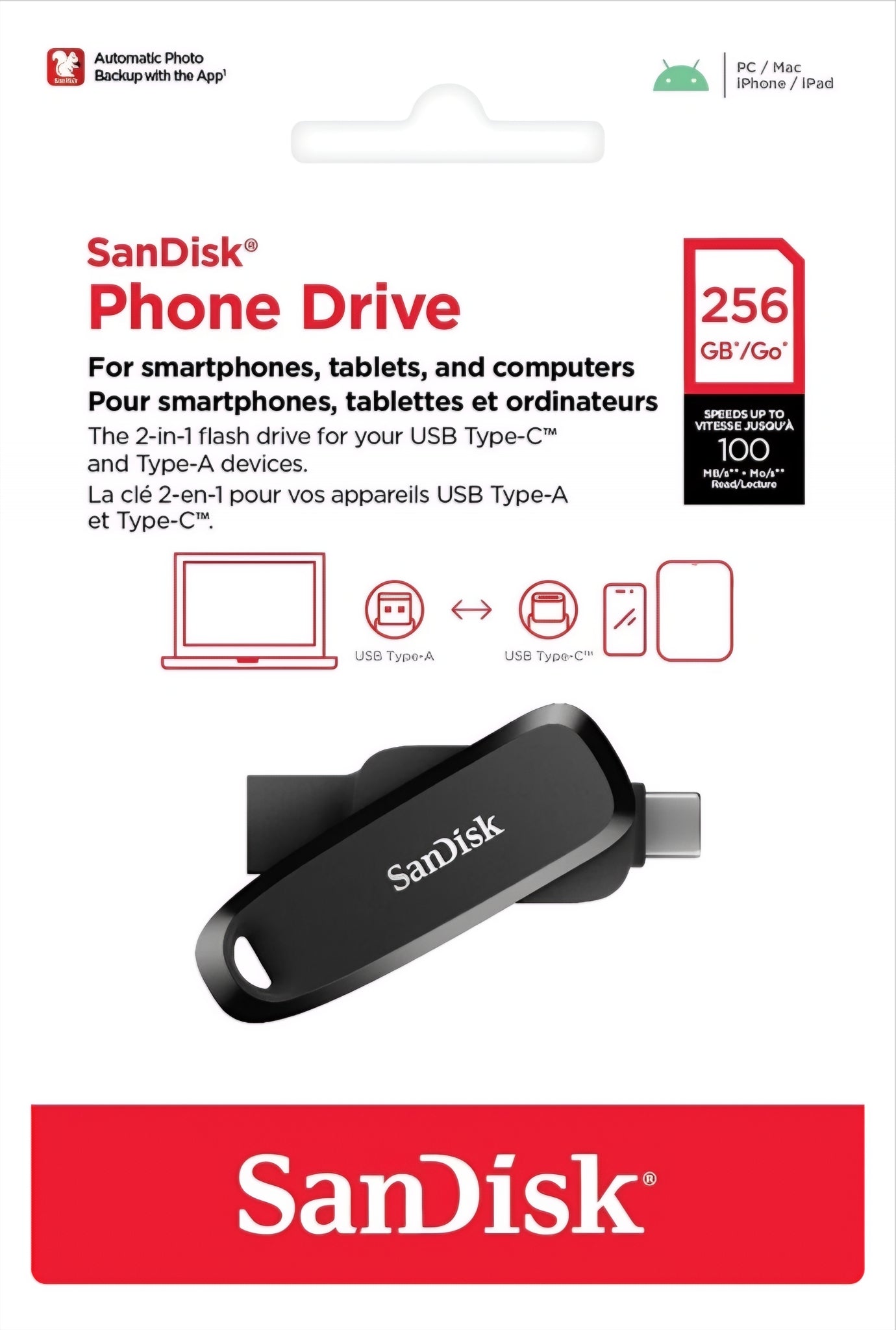 Zewnętrzna pamięć USB-A 3.2 / USB-C SanDisk Phone Drive, 256Gb SDDDC6-256G-G46
