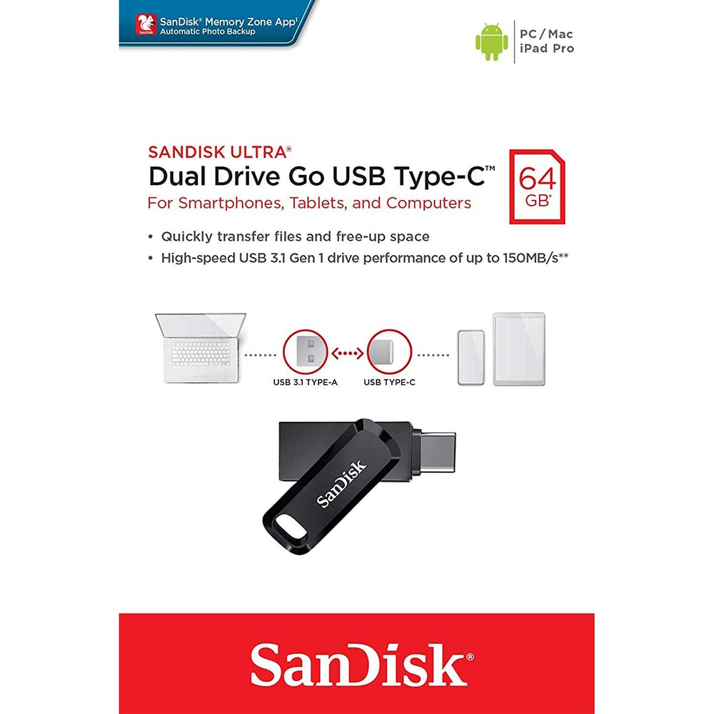 Zewnętrzna pamięć USB-A 3.2 / USB-C SanDisk Ultra Dual Go, 64Gb SDDDC3-064G-G46