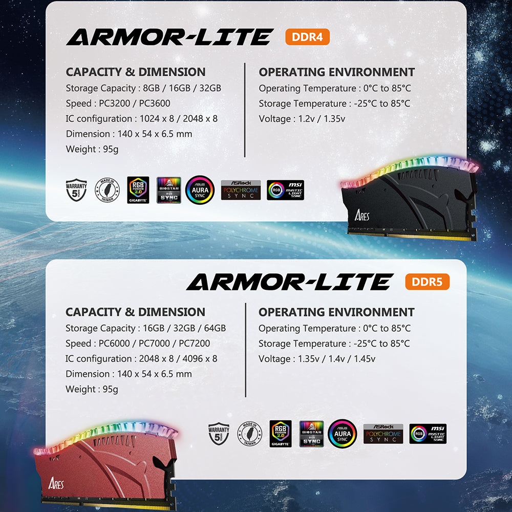 Pamięć RAM Dato Ares Armor Lite, DDR5, RGB, 16GB, 6000Mhz, Czarna ARB16G5K60