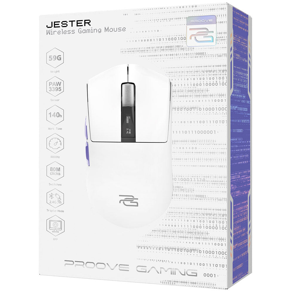 Mysz Gamingowa Bezprzewodowa Proove Jester, 800DPI - 26000DPI, Wyświetlacz OLED, Biała WMJS00022002