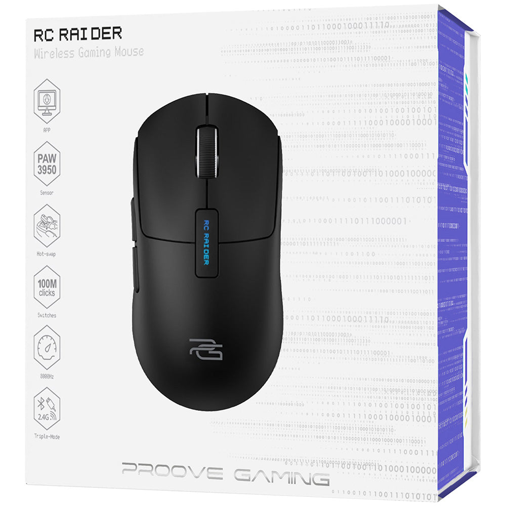 Mysz bezprzewodowa Proove RC Raider 8K, 800DPI - 32000DPI, BT / Wi-Fi / Przewodowa, Czarna WMRR00122001