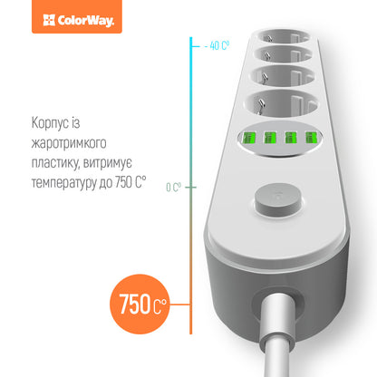 Przedłużacz ColorWay, 4 x Schuko - 4 x USB-A, biały
