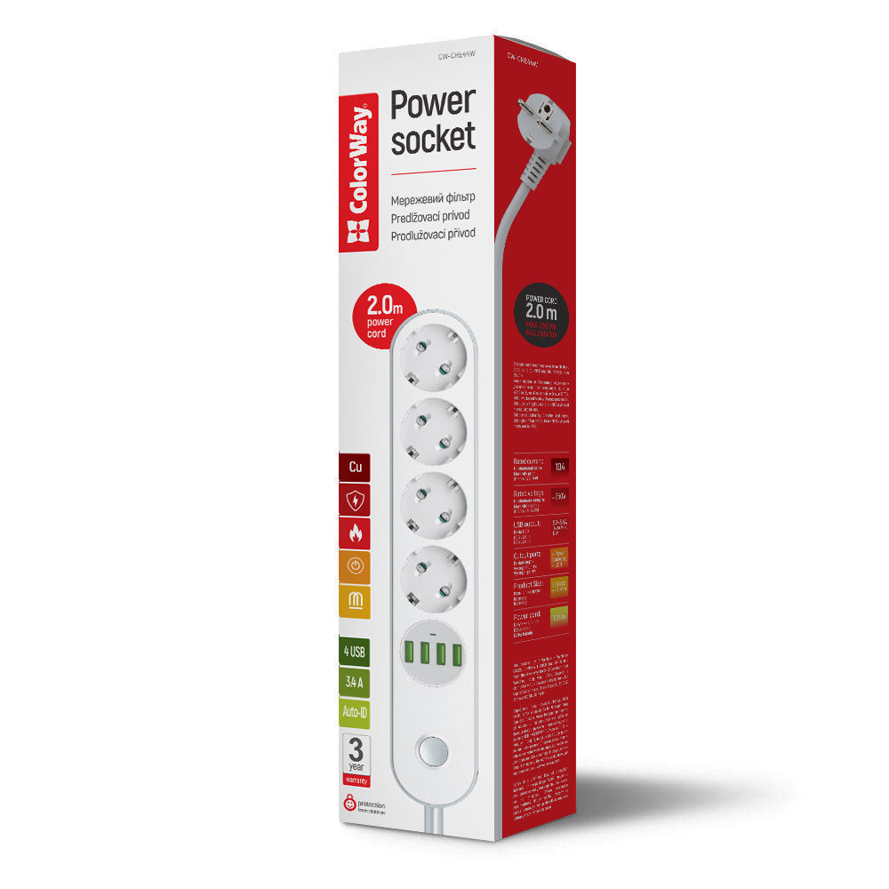 Przedłużacz ColorWay, 4 x Schuko - 4 x USB-A, biały