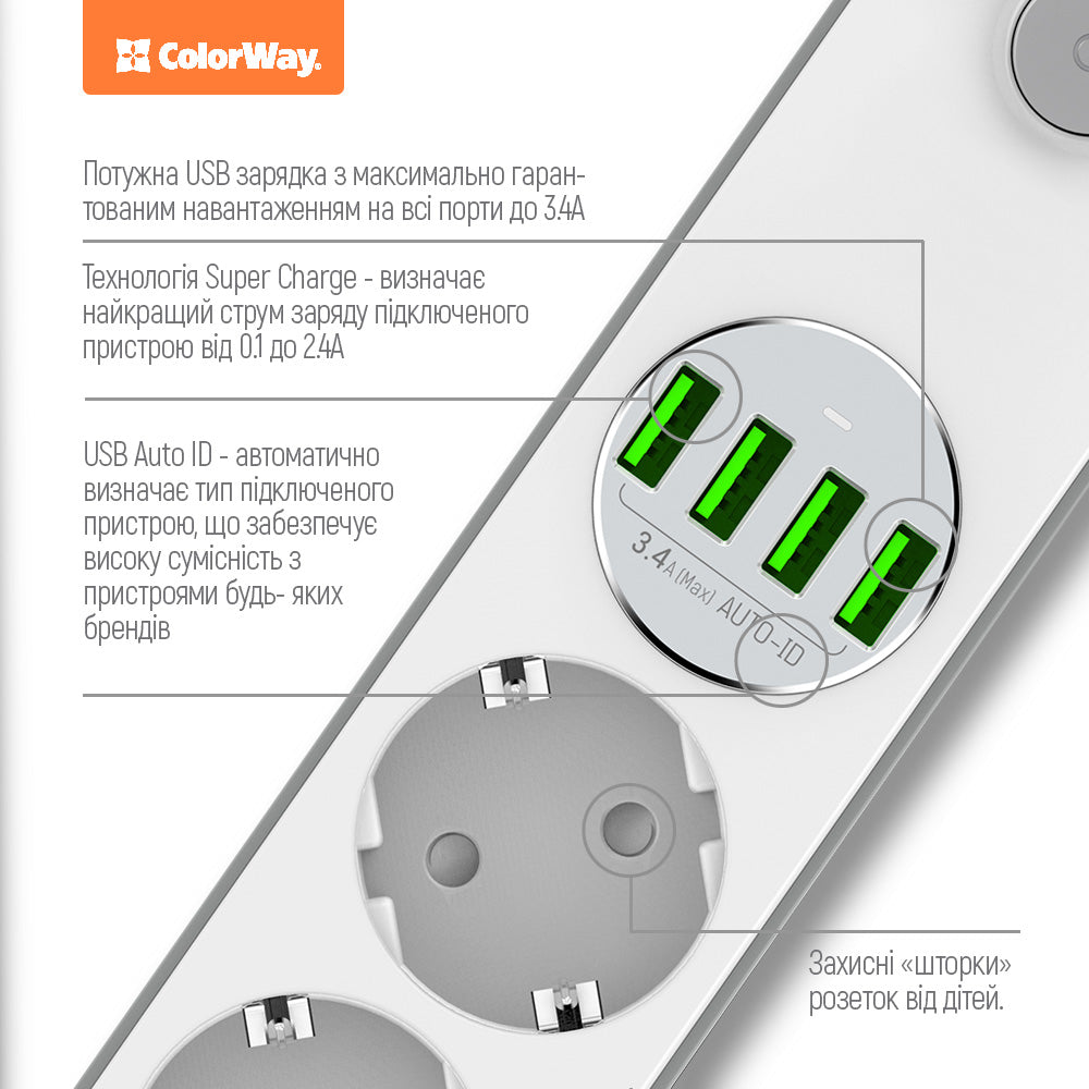 Przedłużacz ColorWay, 4 x Schuko - 4 x USB-A, biały