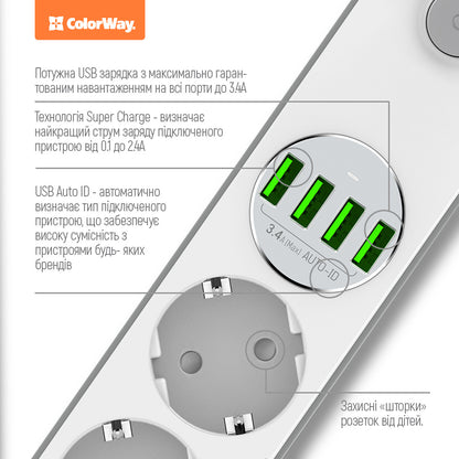 Przedłużacz ColorWay, 4 x Schuko - 4 x USB-A, biały