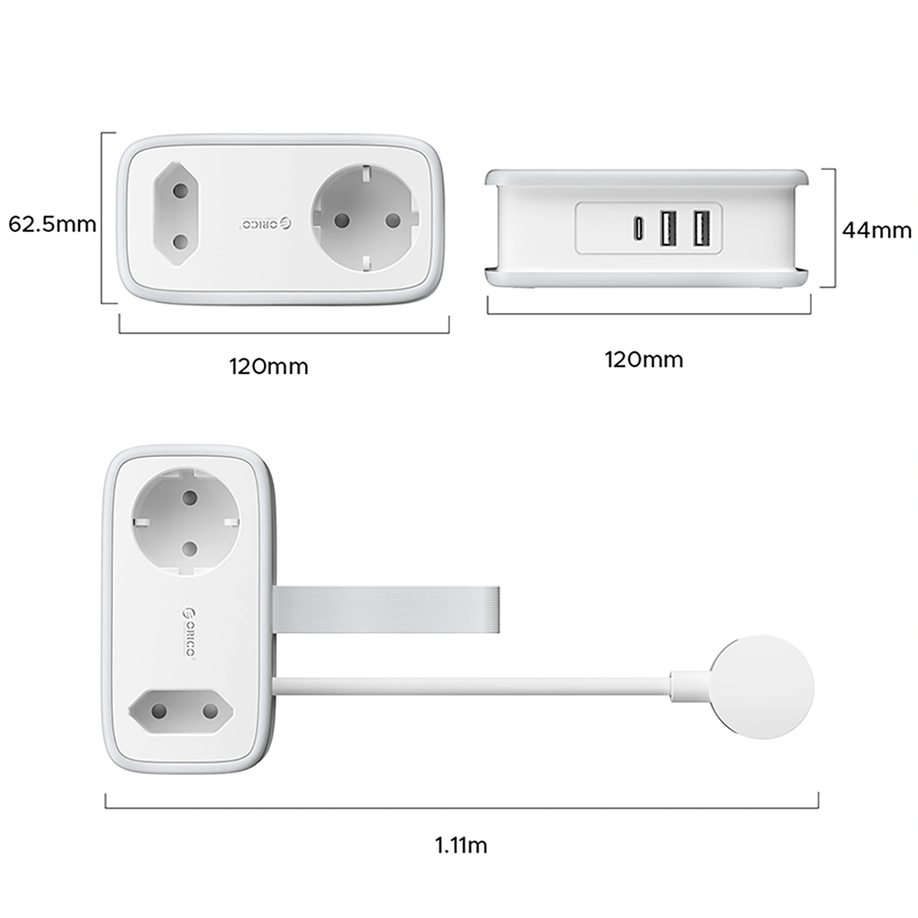 Przedłużacz Orico APP, 2 x Schuko - 2 x USB-A - 1 x USB-C, Biało-szary