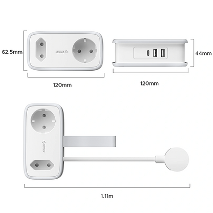 Przedłużacz Orico APP, 2 x Schuko - 2 x USB-A - 1 x USB-C, Biało-szary
