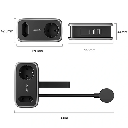 Przedłużacz Orico APP, 2 x Schuko - 2 x USB-A - 1 x USB-C, Czarny Szary