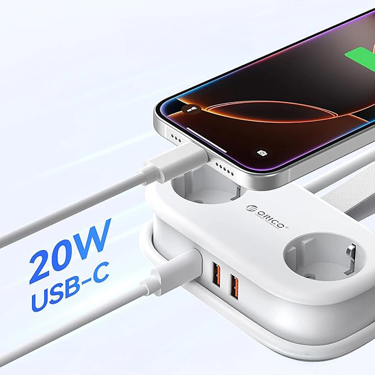 Przedłużacz Orico APP, 2 x Schuko - 2 x USB-A - 1 x USB-C, Biały
