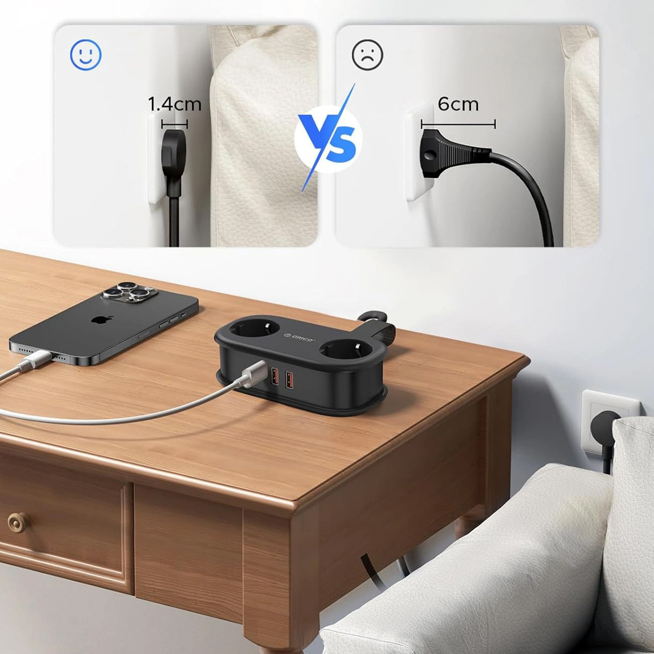 Przedłużacz Orico APP, 2 x Schuko - 2 x USB-A - 1 x USB-C, Czarny