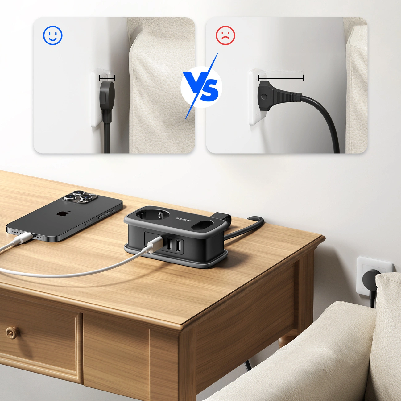 Przedłużacz Orico APP, 2 x Schuko - 2 x USB-A - 1 x USB-C, Czarny Szary
