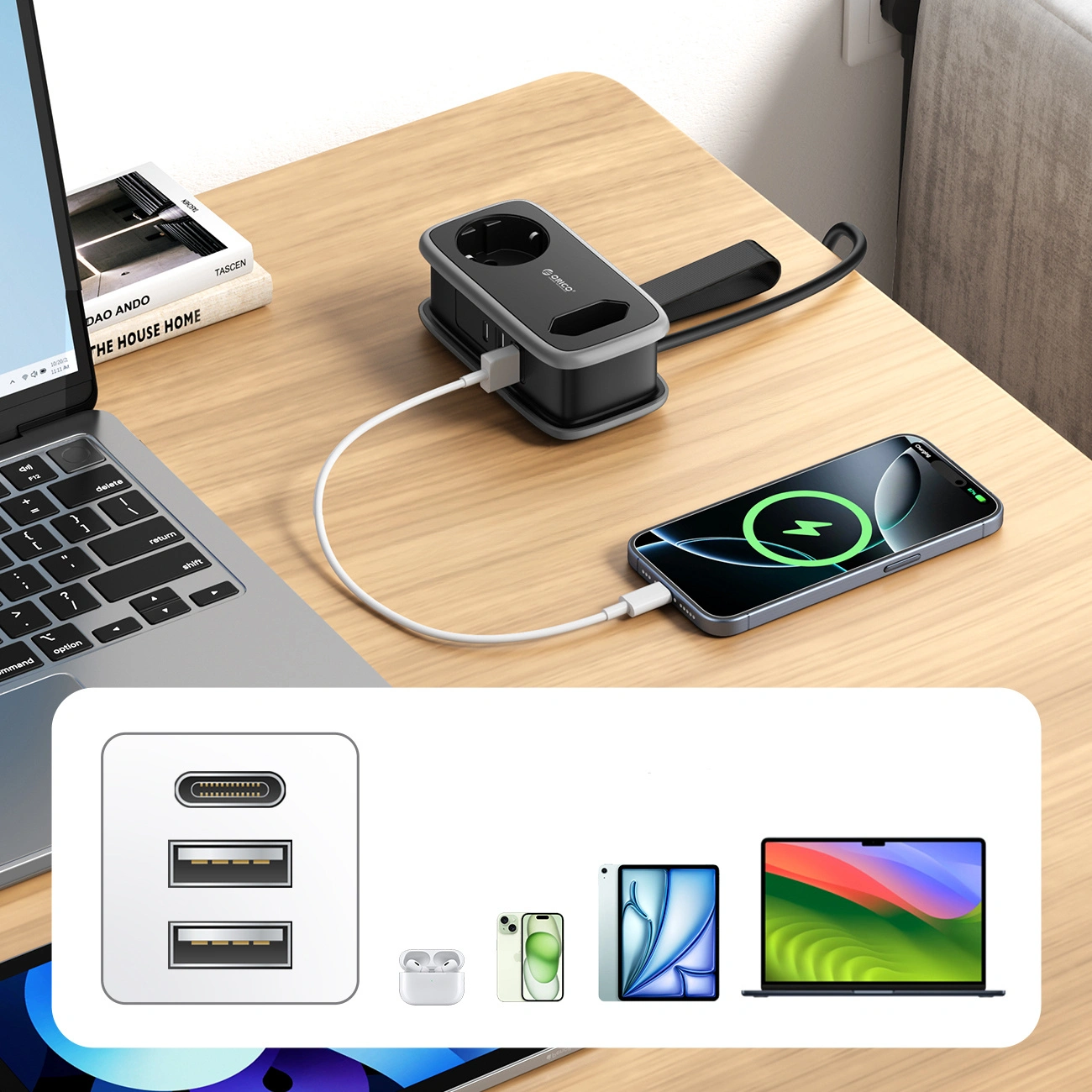 Przedłużacz Orico APP, 2 x Schuko - 2 x USB-A - 1 x USB-C, Czarny Szary