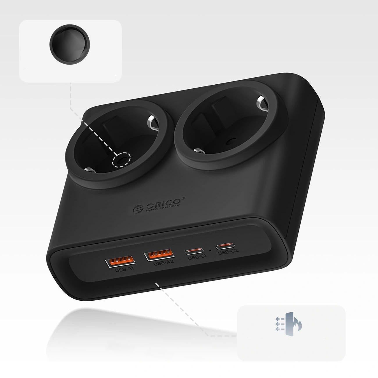 Przedłużacz Orico PDC25, 2 x Schuko - 2 x USB-A - 2 x USB-C, Czarny