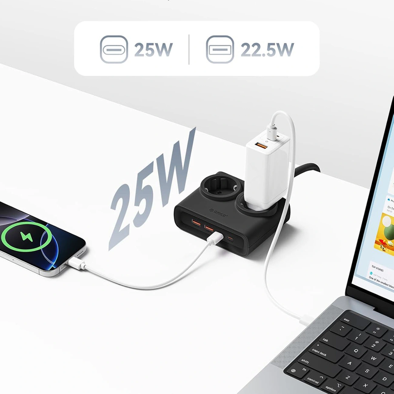 Przedłużacz Orico PDC25, 2 x Schuko - 2 x USB-A - 2 x USB-C, Czarny
