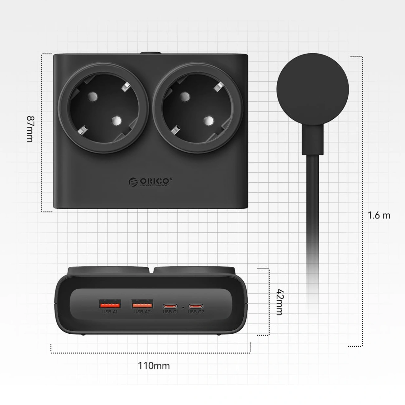 Przedłużacz Orico PDC25, 2 x Schuko - 2 x USB-A - 2 x USB-C, Czarny