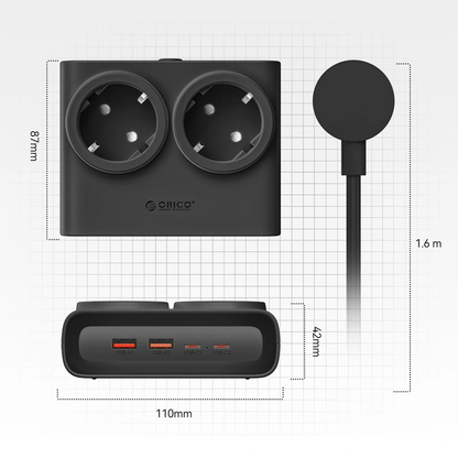 Przedłużacz Orico PDC25, 2 x Schuko - 2 x USB-A - 2 x USB-C, Czarny
