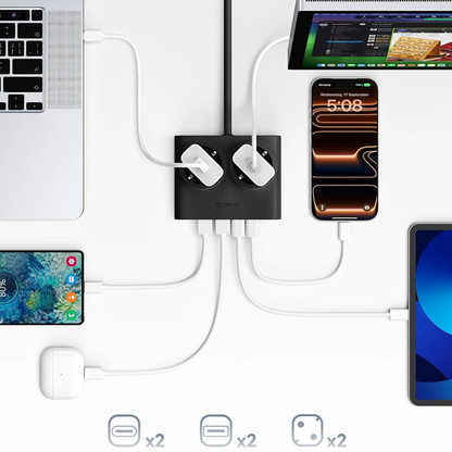 Przedłużacz Orico PDC25, 2 x Schuko - 2 x USB-A - 2 x USB-C, Czarny