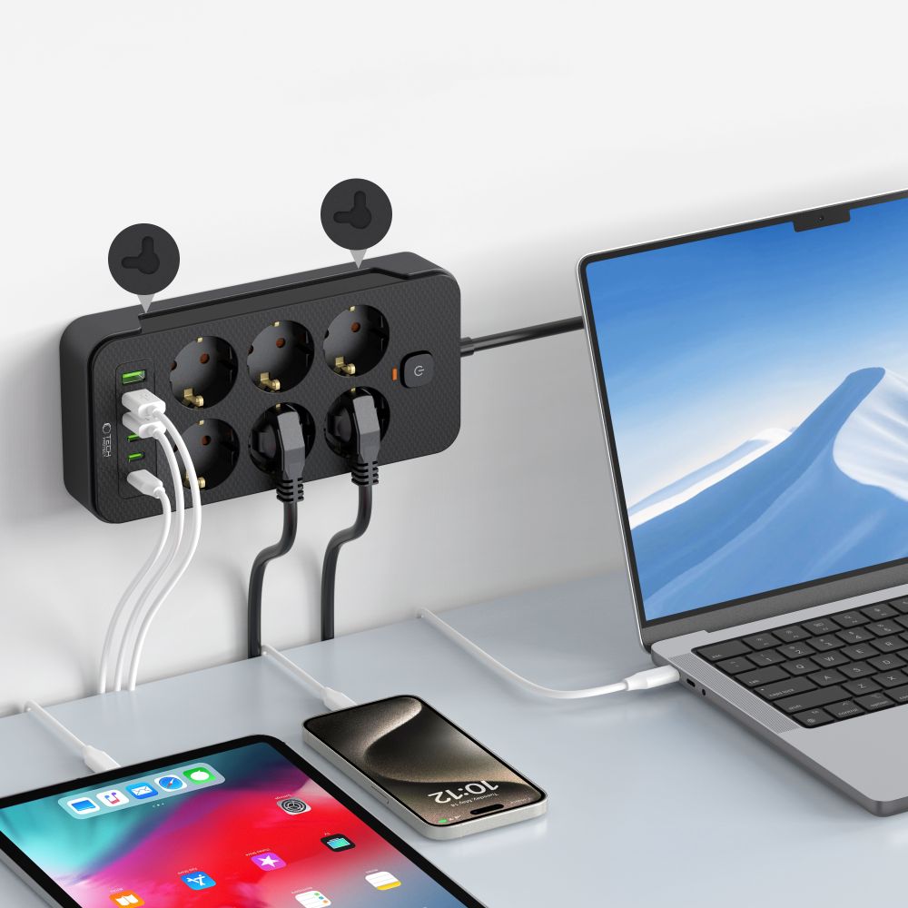 Ładowarka sieciowa Tech-Protect PC6X6, 3 x USB-A - 3 x USB-C - 6 x Schuko, czarna 