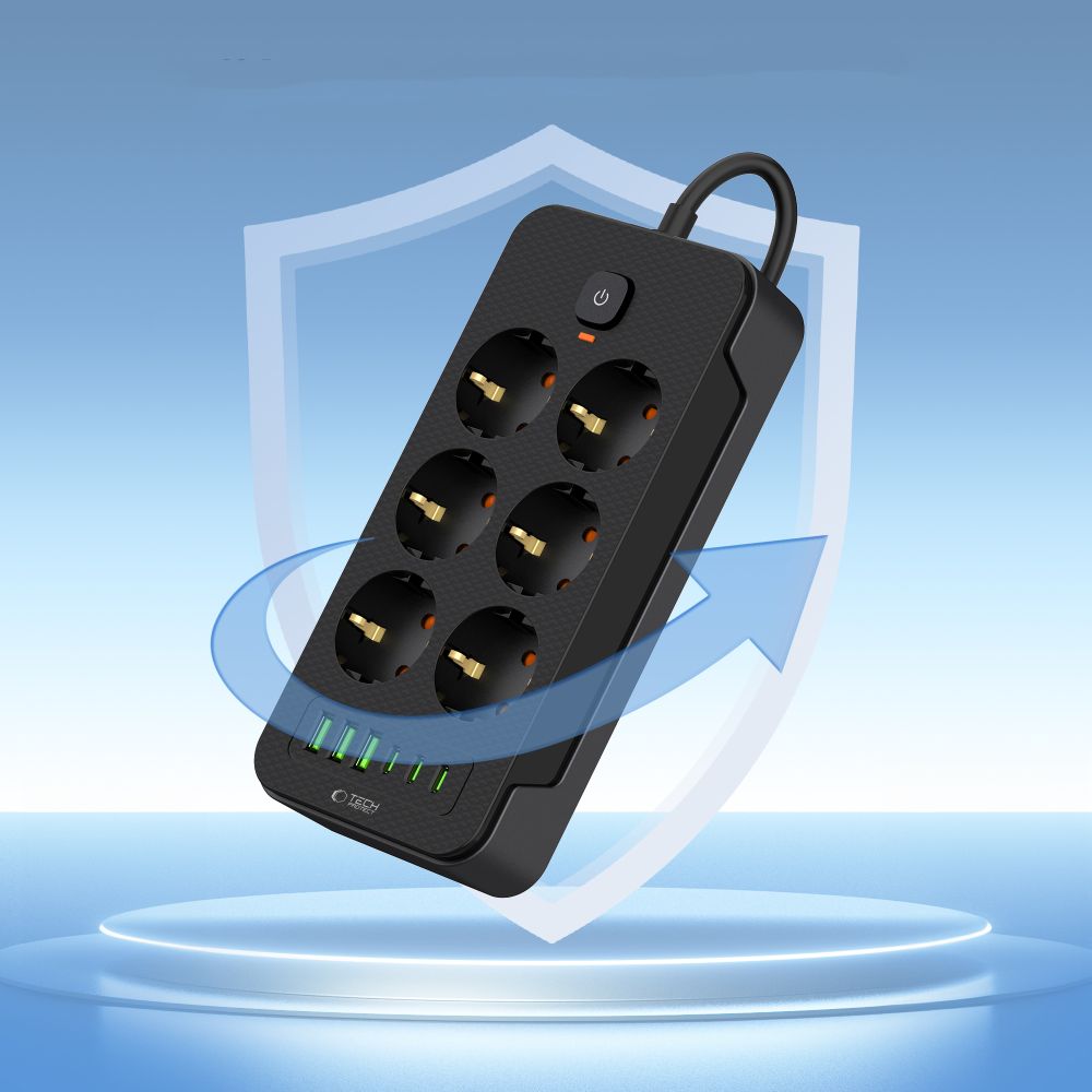 Ładowarka sieciowa Tech-Protect PC6X6, 3 x USB-A - 3 x USB-C - 6 x Schuko, czarna 