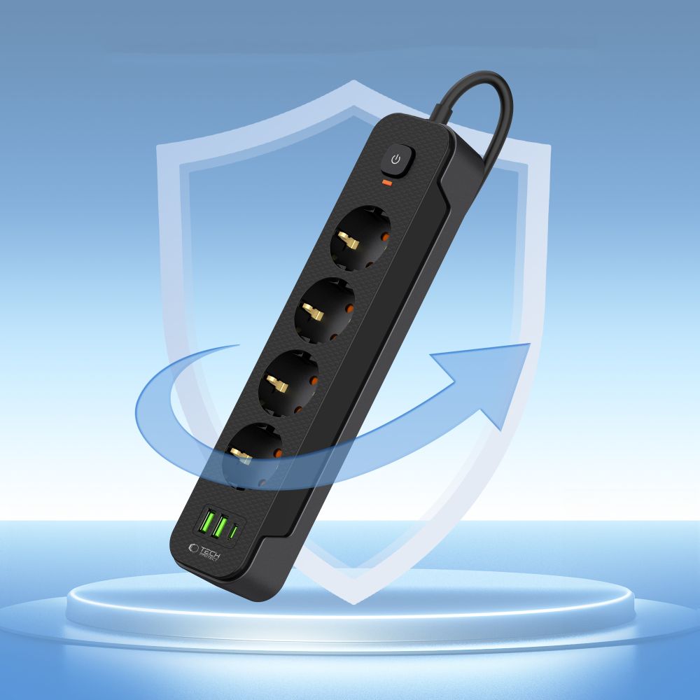 Ładowarka sieciowa Tech-Protect PCL4X3, 2 x USB-A - 1 x USB-C - 4 x Schuko, czarna 