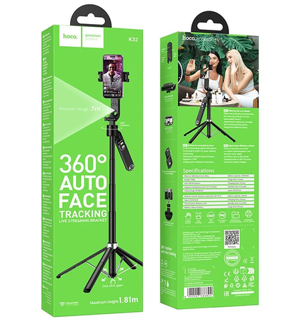 Selfie Stick Bluetooth HOCO K32 Face Tracking, 4.5 cala - 7 cali, Czarny