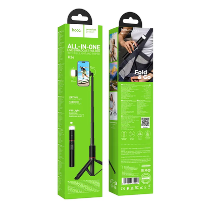 Selfie Stick Bluetooth HOCO K34, 4.5inch - 7inch, Black