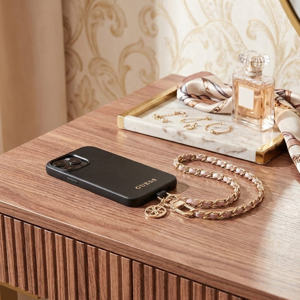 Guess Saffiano 4G Charm Phone Lanyard, Black