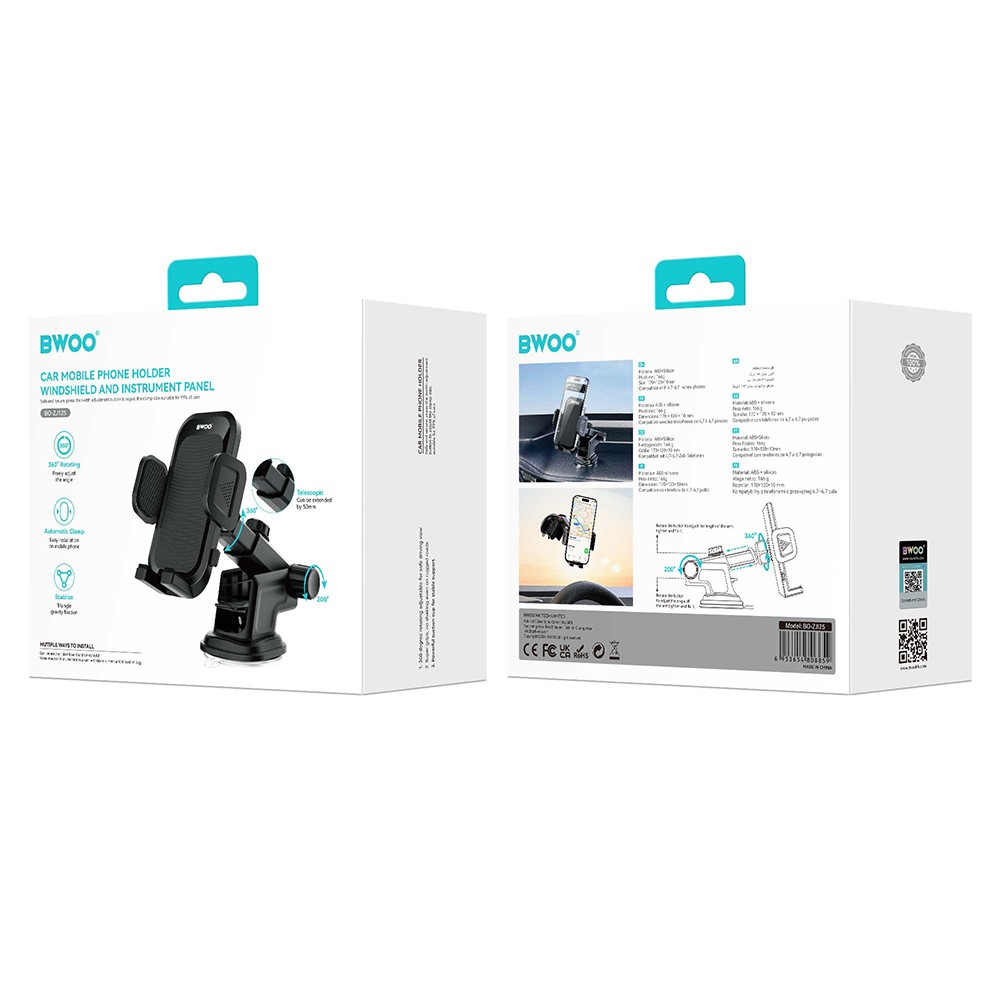 Uchwyt samochodowy BWOO BO-ZJ125, 4,7 cala - 6,7 cala, czarny