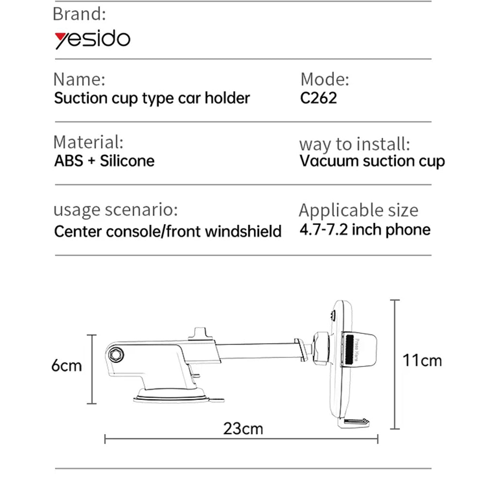 Uchwyt samochodowy Yesido C262, 4.7 cala - 7.2 cala, Czarny